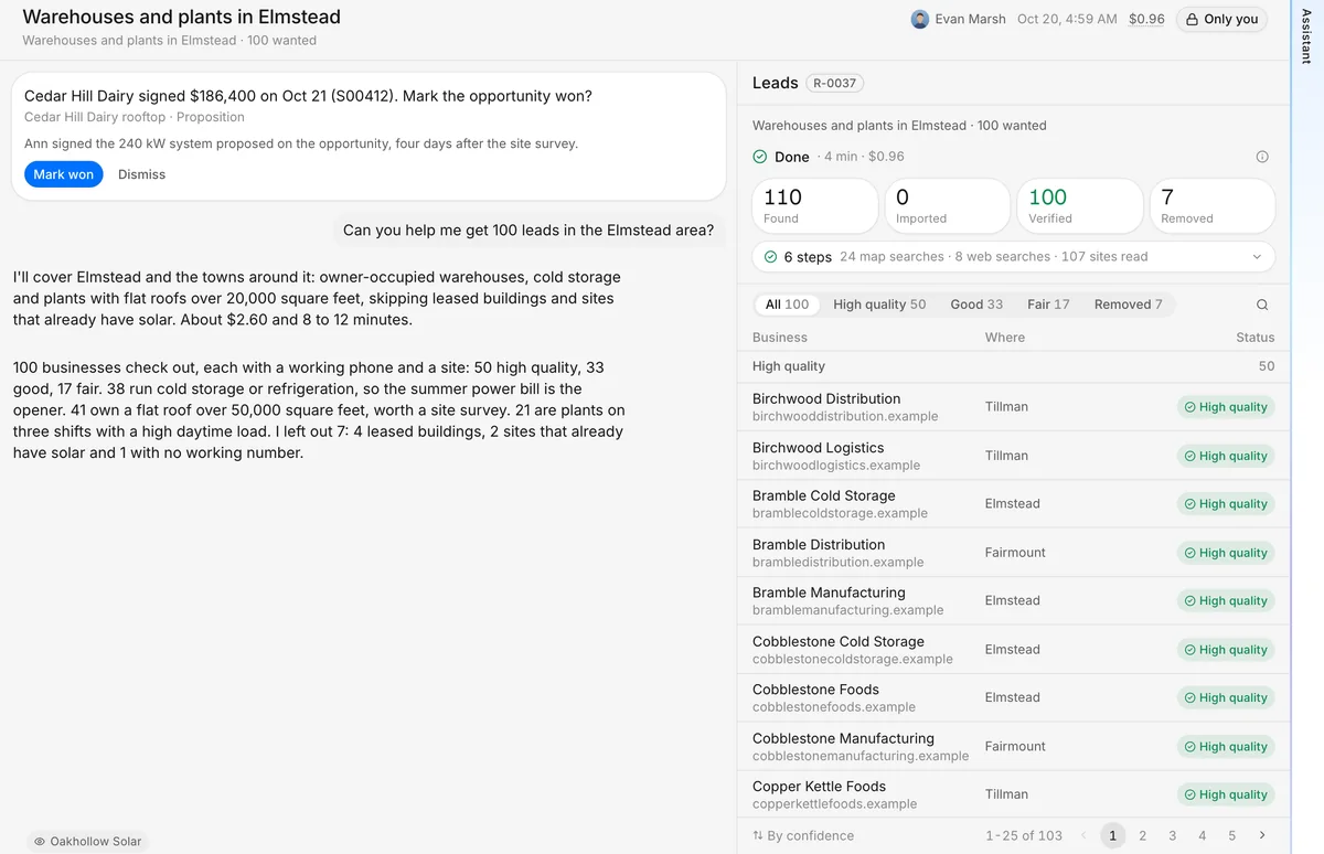 A lead generation run: the conversation that asked for 100 leads on the left, the 100 verified leads with their quality on the right