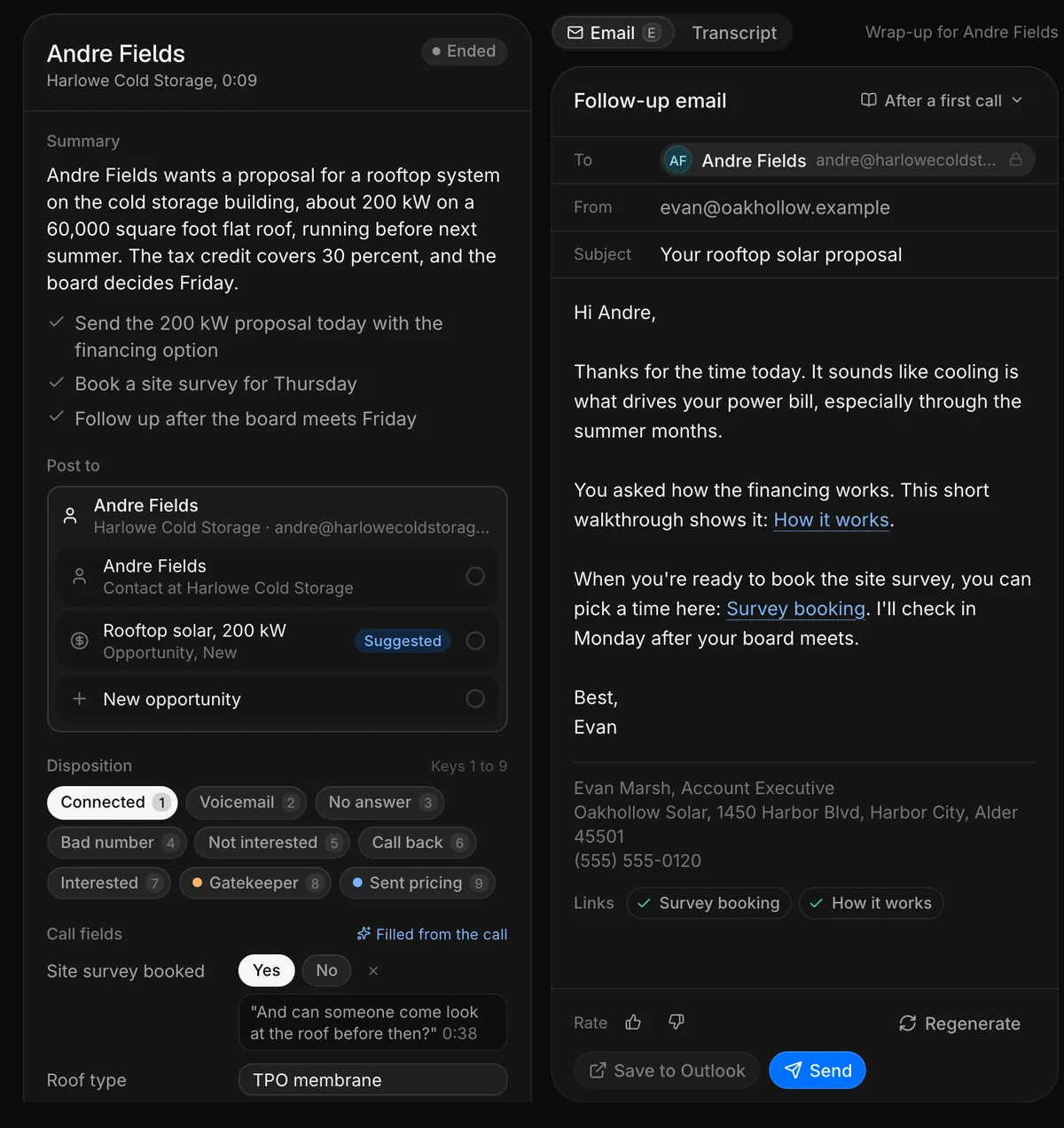 The call has ended: the summary, next steps and call fields on the left, the drafted follow-up email beside them with its rate, regenerate and send controls