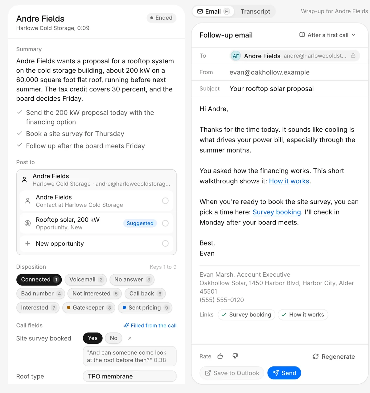 The call has ended: the summary, next steps and call fields on the left, the drafted follow-up email beside them with its rate, regenerate and send controls