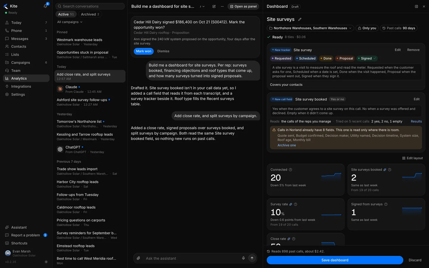 Drafting a dashboard with the Assistant: the conversation on the left, the tiles and call fields taking shape on the right, then the finished dashboard