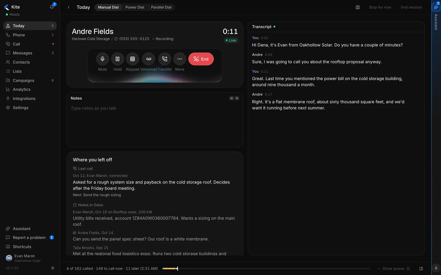 A live call with the transcript running beside it