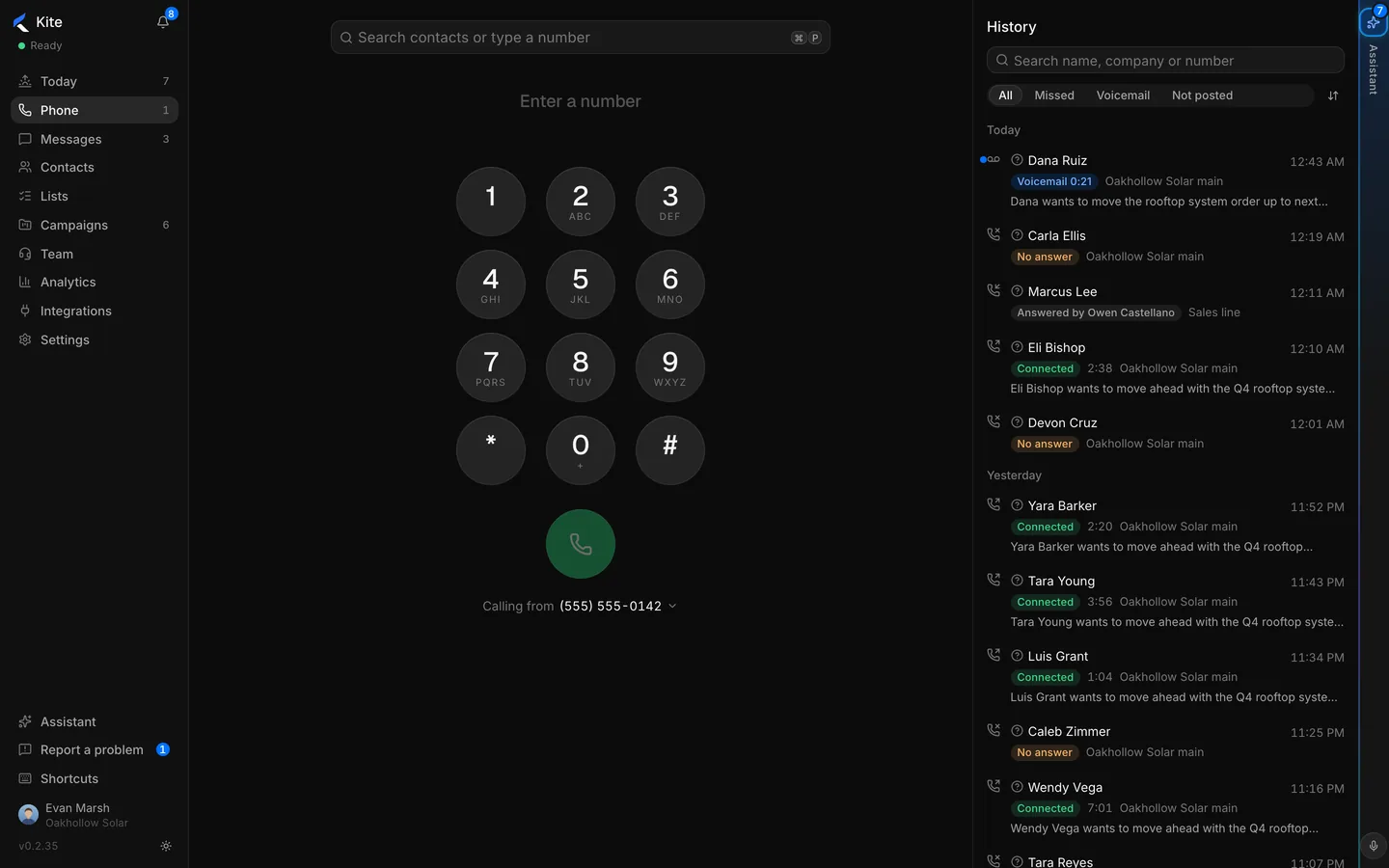 The Phone screen: a keypad beside today's call history