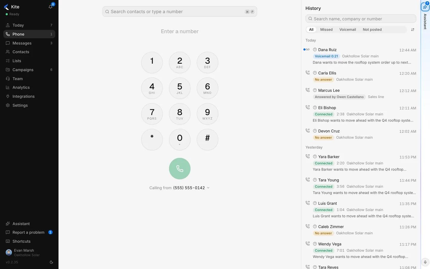 The Phone screen: a keypad beside today's call history